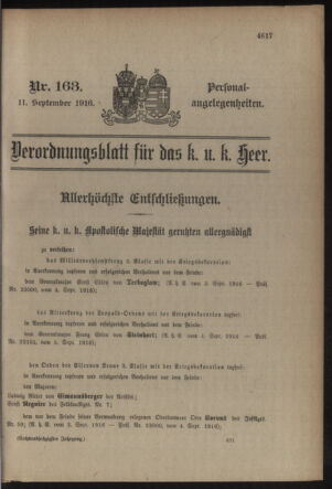 Kaiserlich-königliches Armee-Verordnungsblatt: Personal-Angelegenheiten 19160911 Seite: 1