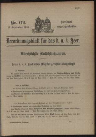 Kaiserlich-königliches Armee-Verordnungsblatt: Personal-Angelegenheiten 19160927 Seite: 1