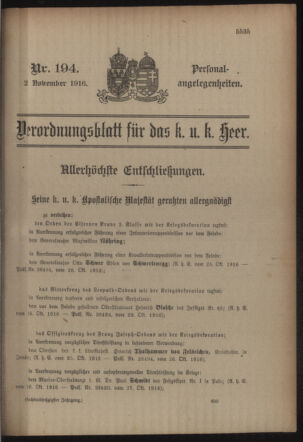 Kaiserlich-königliches Armee-Verordnungsblatt: Personal-Angelegenheiten 19161102 Seite: 1