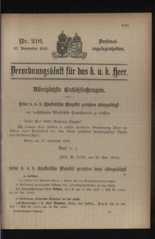 Kaiserlich-königliches Armee-Verordnungsblatt: Personal-Angelegenheiten 19161127 Seite: 1