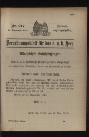 Kaiserlich-königliches Armee-Verordnungsblatt: Personal-Angelegenheiten 19161128 Seite: 1