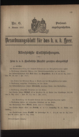 Kaiserlich-königliches Armee-Verordnungsblatt: Personal-Angelegenheiten 19170108 Seite: 1