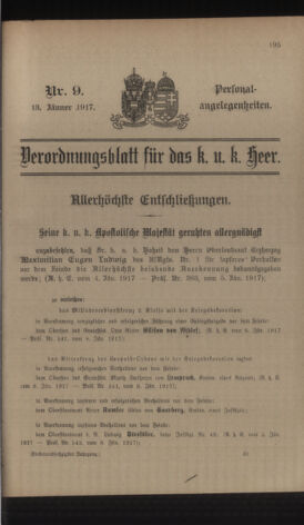 Kaiserlich-königliches Armee-Verordnungsblatt: Personal-Angelegenheiten 19170113 Seite: 1