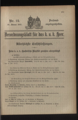 Kaiserlich-königliches Armee-Verordnungsblatt: Personal-Angelegenheiten 19170118 Seite: 1