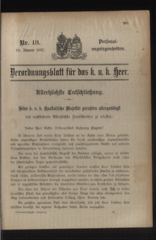 Kaiserlich-königliches Armee-Verordnungsblatt: Personal-Angelegenheiten 19170119 Seite: 1