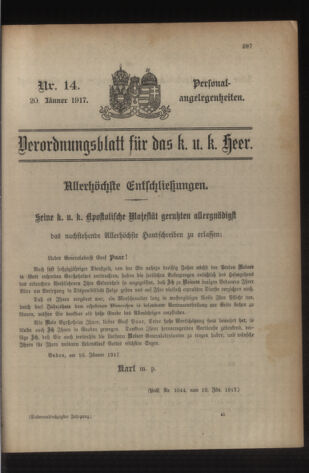 Kaiserlich-königliches Armee-Verordnungsblatt: Personal-Angelegenheiten 19170120 Seite: 1