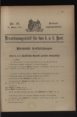 Kaiserlich-königliches Armee-Verordnungsblatt: Personal-Angelegenheiten 19170122 Seite: 1