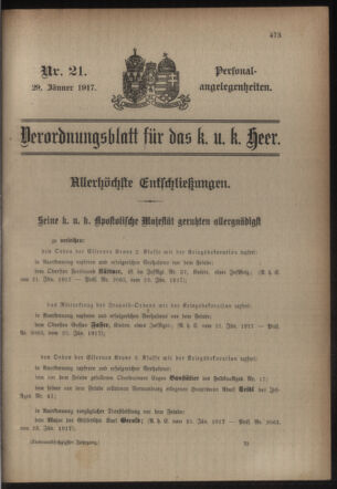 Kaiserlich-königliches Armee-Verordnungsblatt: Personal-Angelegenheiten 19170129 Seite: 1