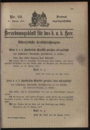 Kaiserlich-königliches Armee-Verordnungsblatt: Personal-Angelegenheiten 19170131 Seite: 1