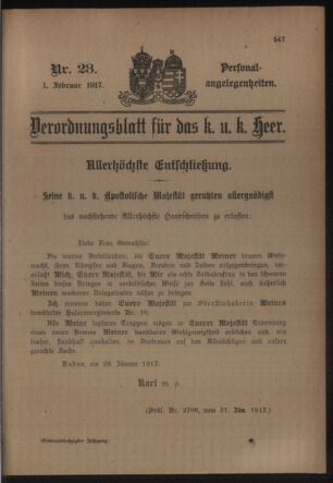 Kaiserlich-königliches Armee-Verordnungsblatt: Personal-Angelegenheiten 19170201 Seite: 1