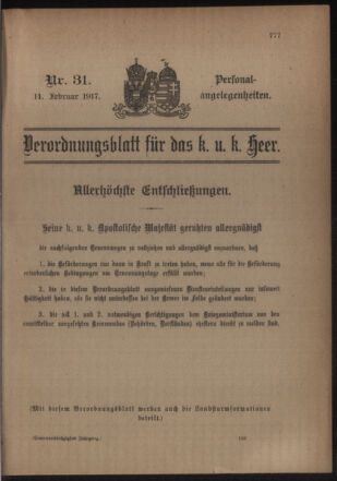 Kaiserlich-königliches Armee-Verordnungsblatt: Personal-Angelegenheiten 19170211 Seite: 1