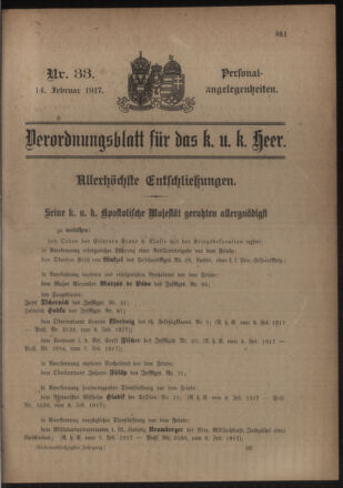 Kaiserlich-königliches Armee-Verordnungsblatt: Personal-Angelegenheiten 19170214 Seite: 1