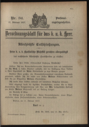 Kaiserlich-königliches Armee-Verordnungsblatt: Personal-Angelegenheiten 19170217 Seite: 1