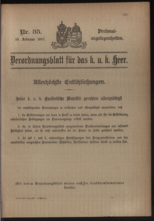 Kaiserlich-königliches Armee-Verordnungsblatt: Personal-Angelegenheiten 19170219 Seite: 1