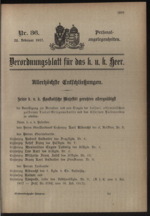 Kaiserlich-königliches Armee-Verordnungsblatt: Personal-Angelegenheiten 19170222 Seite: 1