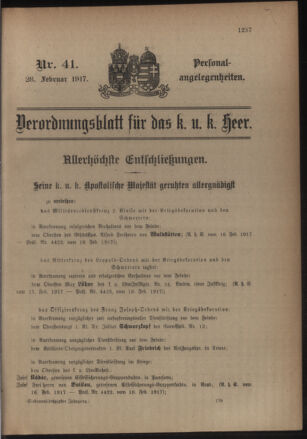 Kaiserlich-königliches Armee-Verordnungsblatt: Personal-Angelegenheiten 19170228 Seite: 1