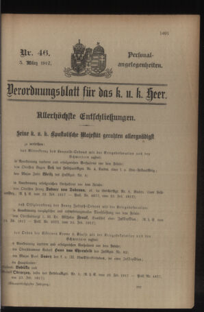 Kaiserlich-königliches Armee-Verordnungsblatt: Personal-Angelegenheiten 19170305 Seite: 1