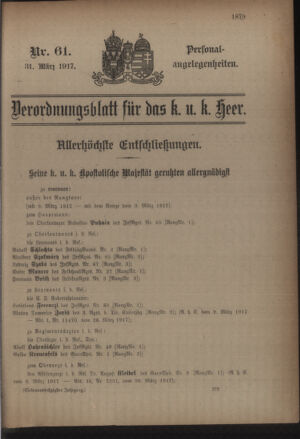 Kaiserlich-königliches Armee-Verordnungsblatt: Personal-Angelegenheiten 19170331 Seite: 1