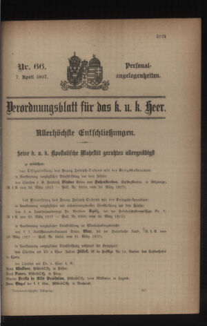 Kaiserlich-königliches Armee-Verordnungsblatt: Personal-Angelegenheiten 19170407 Seite: 1