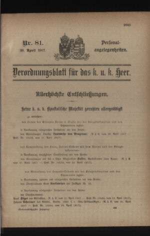 Kaiserlich-königliches Armee-Verordnungsblatt: Personal-Angelegenheiten 19170428 Seite: 1