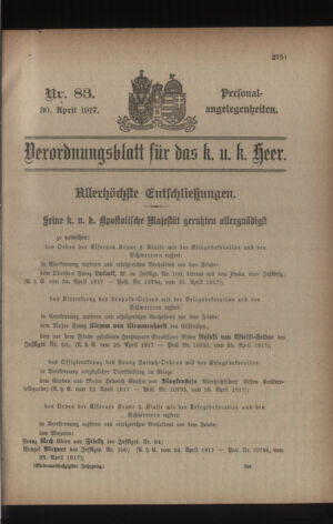 Kaiserlich-königliches Armee-Verordnungsblatt: Personal-Angelegenheiten 19170430 Seite: 1