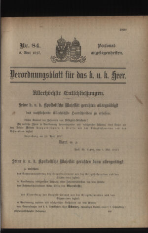 Kaiserlich-königliches Armee-Verordnungsblatt: Personal-Angelegenheiten 19170502 Seite: 1