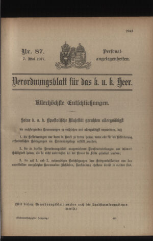 Kaiserlich-königliches Armee-Verordnungsblatt: Personal-Angelegenheiten 19170507 Seite: 1