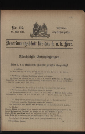 Kaiserlich-königliches Armee-Verordnungsblatt: Personal-Angelegenheiten 19170514 Seite: 1