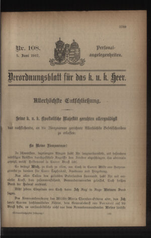 Kaiserlich-königliches Armee-Verordnungsblatt: Personal-Angelegenheiten 19170605 Seite: 1