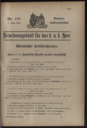 Kaiserlich-königliches Armee-Verordnungsblatt: Personal-Angelegenheiten 19170609 Seite: 1