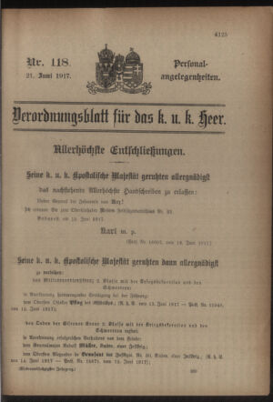 Kaiserlich-königliches Armee-Verordnungsblatt: Personal-Angelegenheiten 19170621 Seite: 1