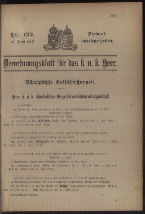 Kaiserlich-königliches Armee-Verordnungsblatt: Personal-Angelegenheiten 19170627 Seite: 1