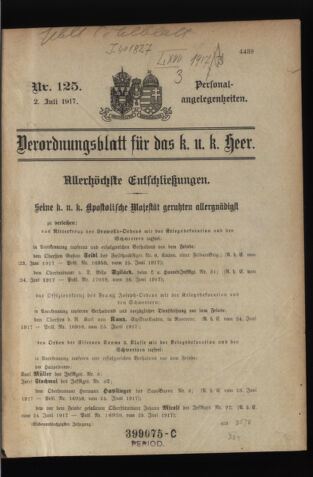 Kaiserlich-königliches Armee-Verordnungsblatt: Personal-Angelegenheiten 19170702 Seite: 1