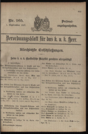 Kaiserlich-königliches Armee-Verordnungsblatt: Personal-Angelegenheiten 19170901 Seite: 1