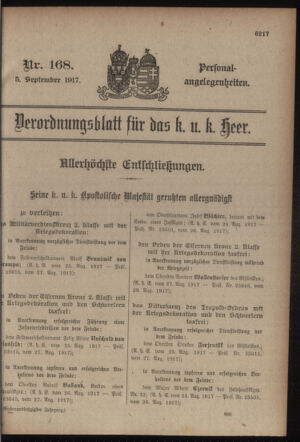 Kaiserlich-königliches Armee-Verordnungsblatt: Personal-Angelegenheiten 19170905 Seite: 1