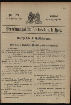 Kaiserlich-königliches Armee-Verordnungsblatt: Personal-Angelegenheiten 19170910 Seite: 1