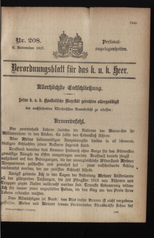 Kaiserlich-königliches Armee-Verordnungsblatt: Personal-Angelegenheiten 19171106 Seite: 1