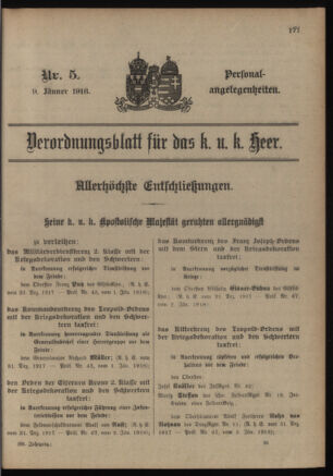 Kaiserlich-königliches Armee-Verordnungsblatt: Personal-Angelegenheiten 19180109 Seite: 1