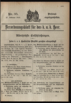 Kaiserlich-königliches Armee-Verordnungsblatt: Personal-Angelegenheiten 19180227 Seite: 1