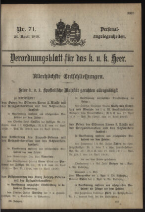 Kaiserlich-königliches Armee-Verordnungsblatt: Personal-Angelegenheiten 19180424 Seite: 1