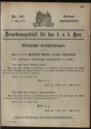 Kaiserlich-königliches Armee-Verordnungsblatt: Personal-Angelegenheiten 19180511 Seite: 1