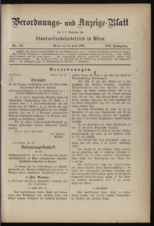 Verordnungs- und Anzeige-Blatt der k.k. General-Direction der österr. Staatsbahnen 18840413 Seite: 1