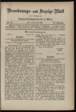 Verordnungs- und Anzeige-Blatt der k.k. General-Direction der österr. Staatsbahnen 18840421 Seite: 1