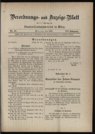 Verordnungs- und Anzeige-Blatt der k.k. General-Direction der österr. Staatsbahnen 18840604 Seite: 1