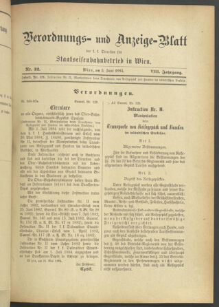 Verordnungs- und Anzeige-Blatt der k.k. General-Direction der österr. Staatsbahnen 18840605 Seite: 1