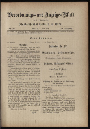 Verordnungs- und Anzeige-Blatt der k.k. General-Direction der österr. Staatsbahnen 18840607 Seite: 1