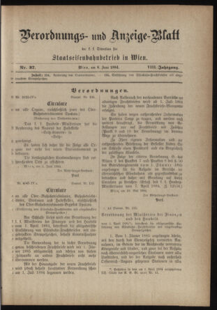 Verordnungs- und Anzeige-Blatt der k.k. General-Direction der österr. Staatsbahnen 18840608 Seite: 1