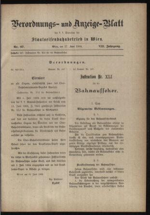 Verordnungs- und Anzeige-Blatt der k.k. General-Direction der österr. Staatsbahnen 18840617 Seite: 1