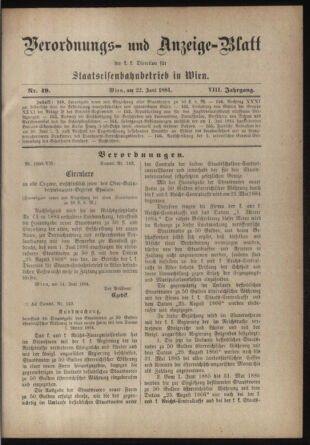 Verordnungs- und Anzeige-Blatt der k.k. General-Direction der österr. Staatsbahnen 18840622 Seite: 1