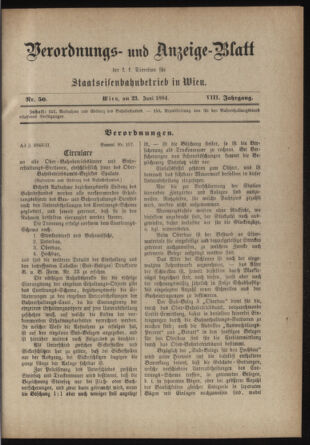 Verordnungs- und Anzeige-Blatt der k.k. General-Direction der österr. Staatsbahnen 18840623 Seite: 1